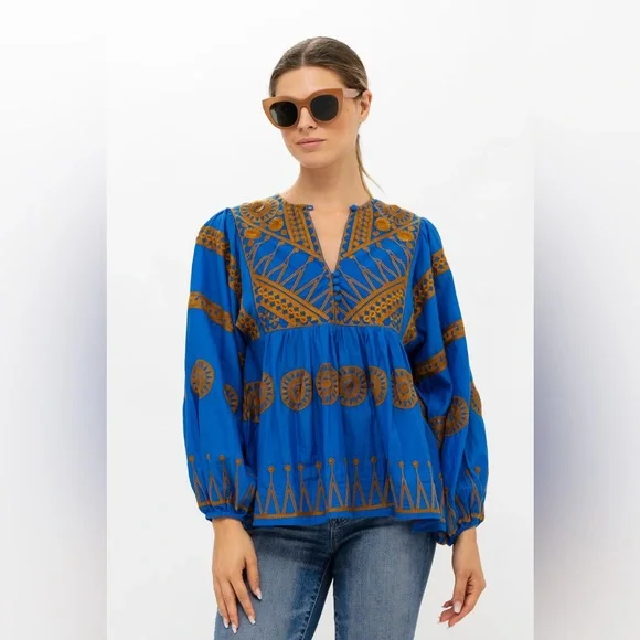 Oliphant Mandarin Balloon Sleeve Top Sz Medium Soleil Blue Cotton Boho Flowy - Picture 2 of 9